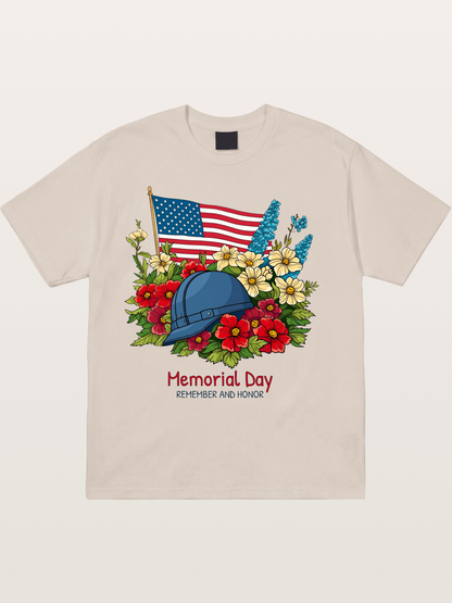 Memorial Day Flowers Helmet American Flag Cotton T-shirt