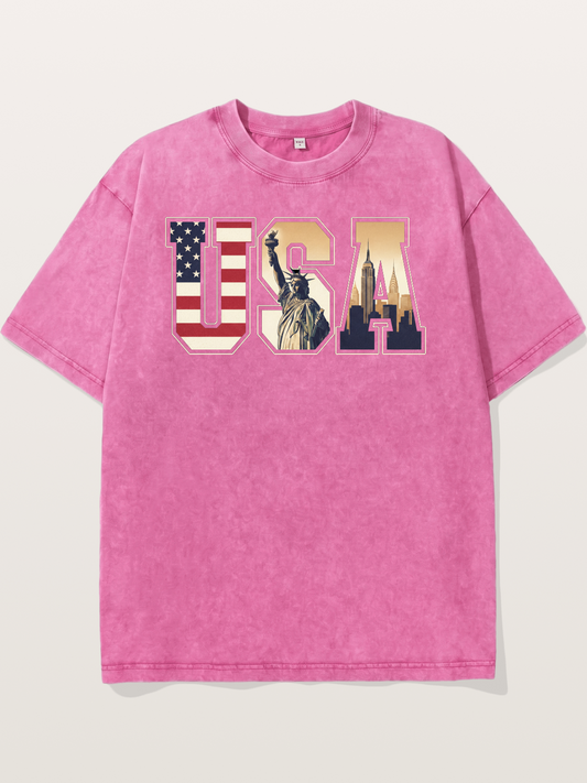 USA Letters Liberty City Skyline Washed T-shirt