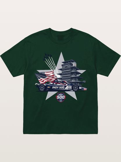 Indy 500 Pagoda Star Flag Illustration Gildan T-shirt