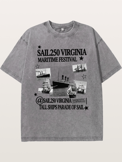 Collage Black White Sailboat Card Washed T-shirt