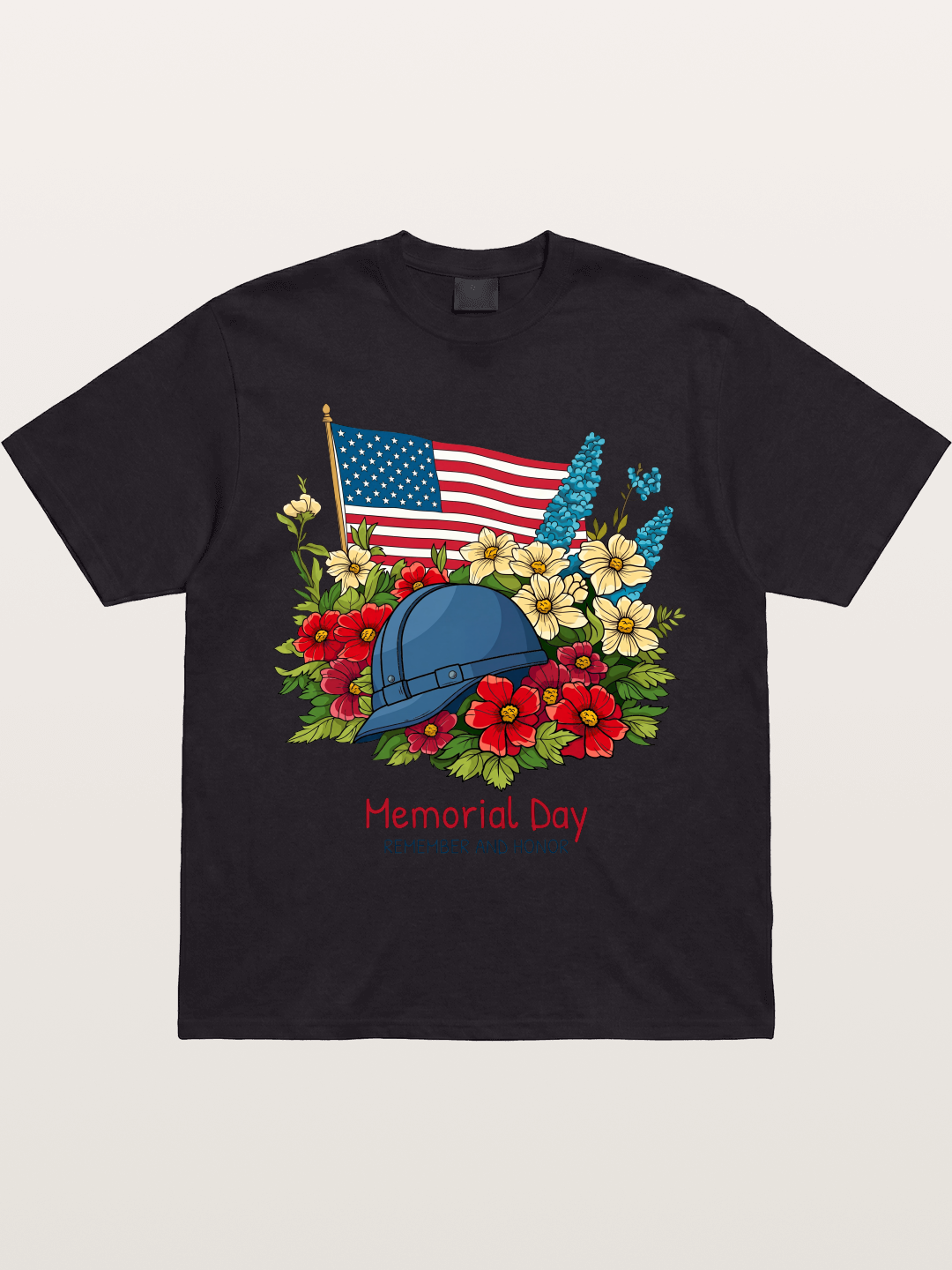 Memorial Day Flowers Helmet American Flag Gildan T-shirt