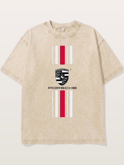 Porsche Crest Striped Design Washed T-shirt