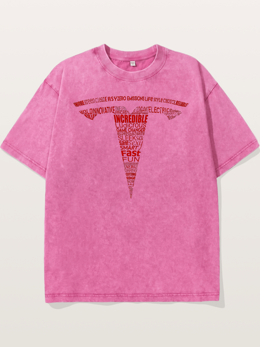 Tesla Word Cloud Heart Print Washed T-shirt