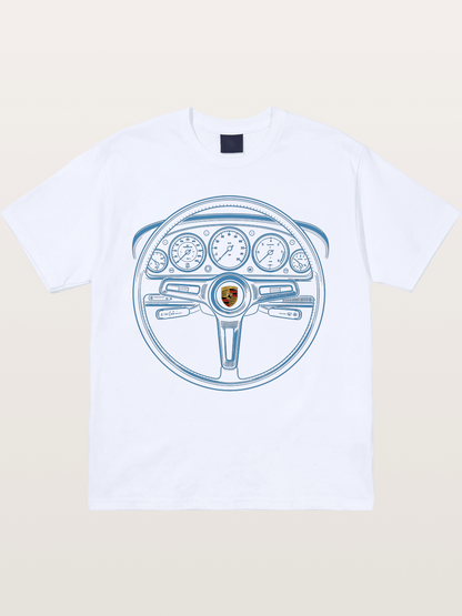 Porsche Classic Steering Wheel Blueprint Gildan T-shirt