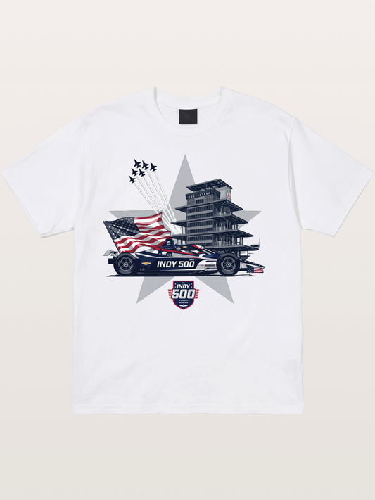 Indy 500 Pagoda Star Flag Illustration Cotton T-shirt