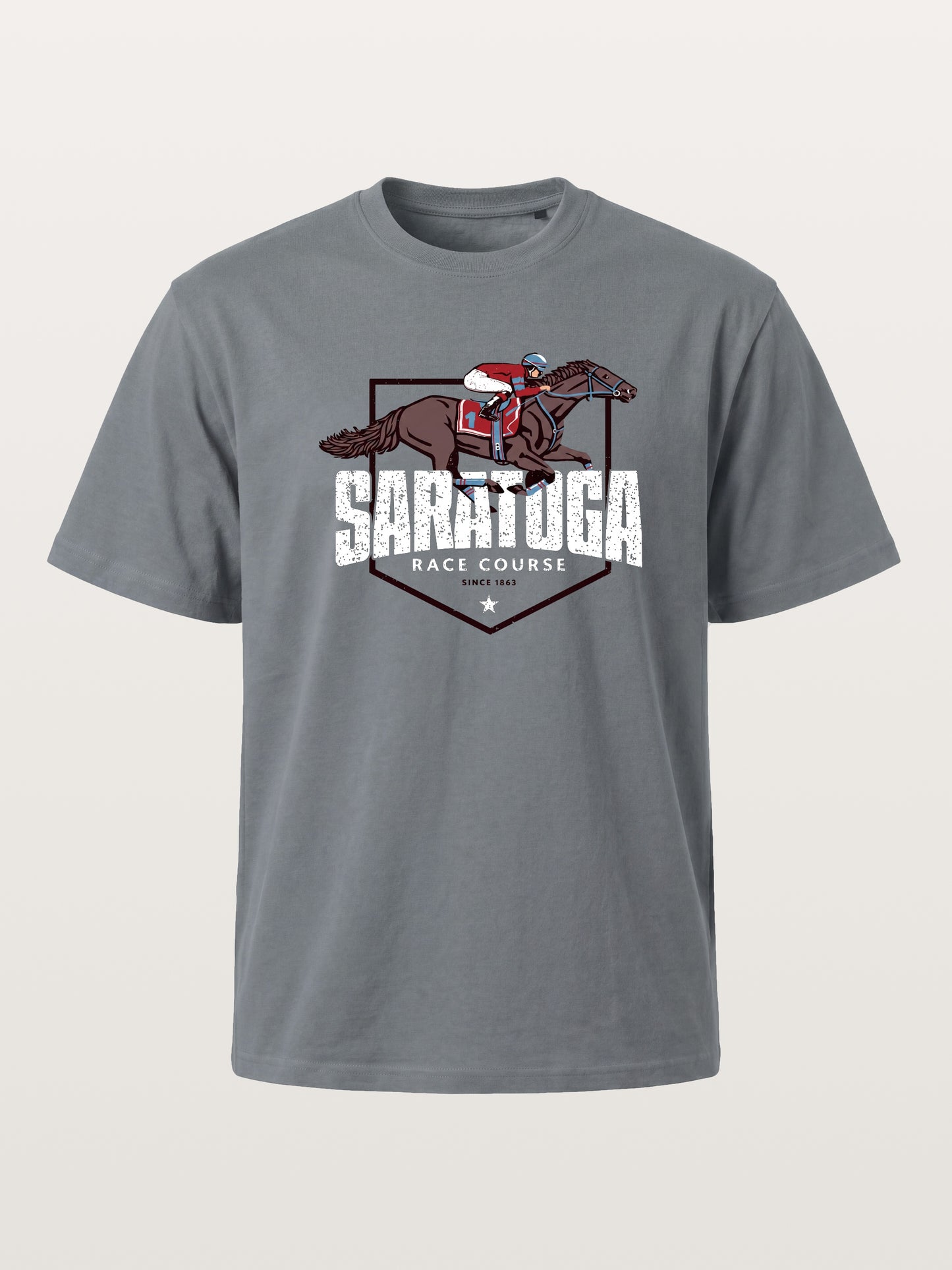 Saratoga Jockey And Horse Illustration Cotton T-shirt