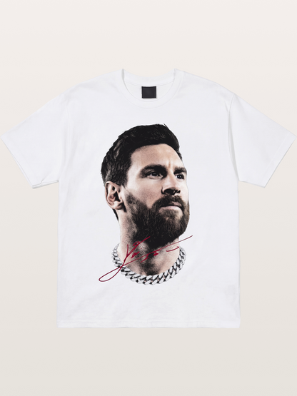 Messi Black White Signature Portrait Cotton T-shirt