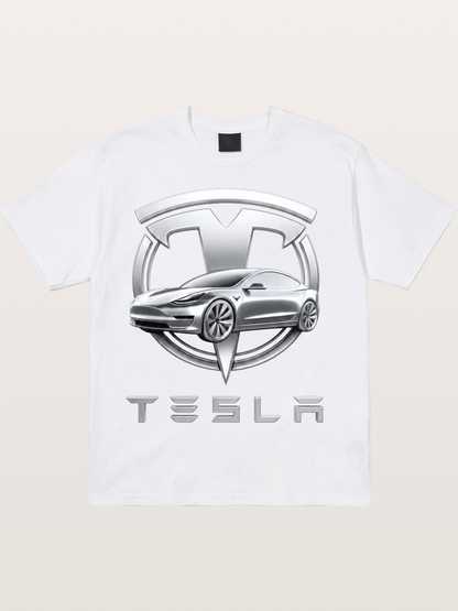 Tesla Silver Metallic Logo Print Cotton T-shirt