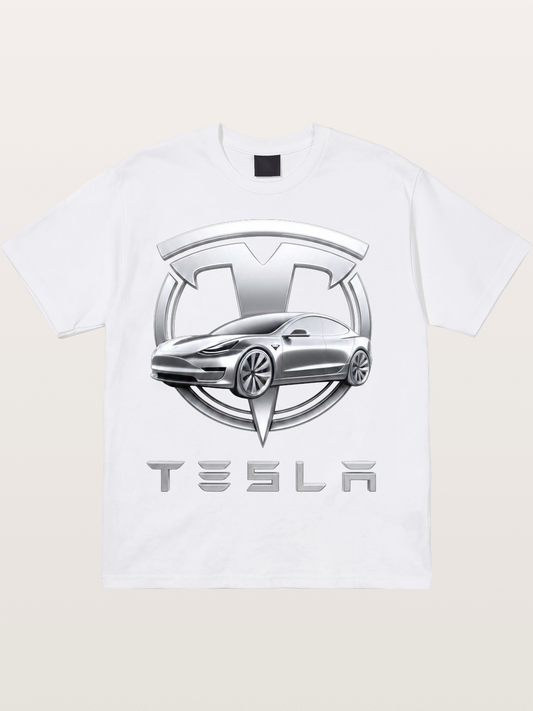 Tesla Silver Metallic Logo Print Cotton T-shirt