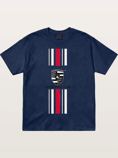 Porsche Crest Striped Design Cotton T-shirt