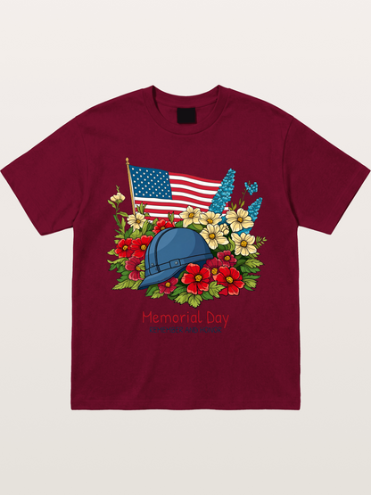 Memorial Day Flowers Helmet American Flag Gildan T-shirt