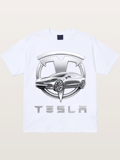 Tesla Silver Metallic Logo Print Gildan T-shirt