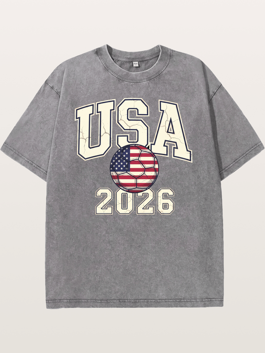 USA 2026 Cracked Letter Soccer Washed T-shirt