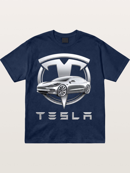 Tesla Silver Metallic Logo Print Cotton T-shirt