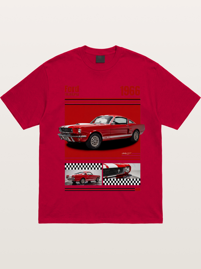 1966 Ford Mustang Fastback Red White Gildan T-shirt
