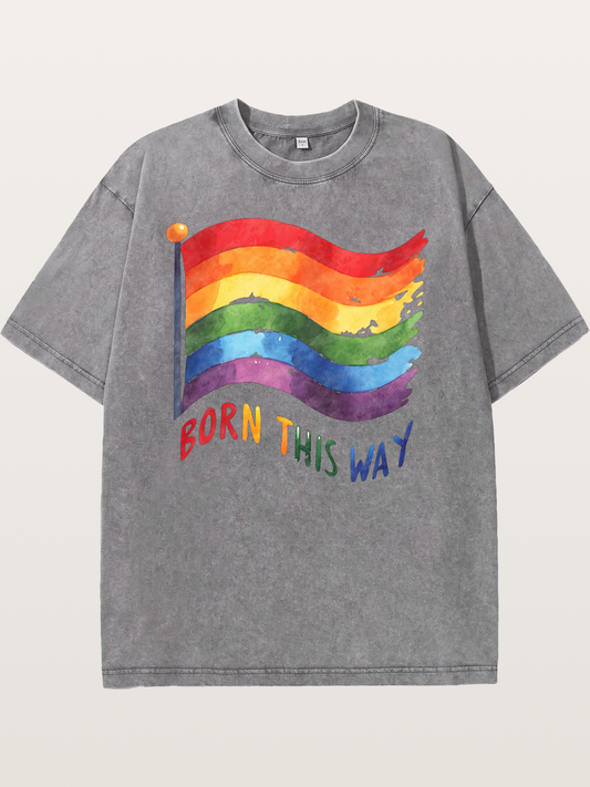 Born This Way Watercolor Rainbow Flag Washed T-shirt