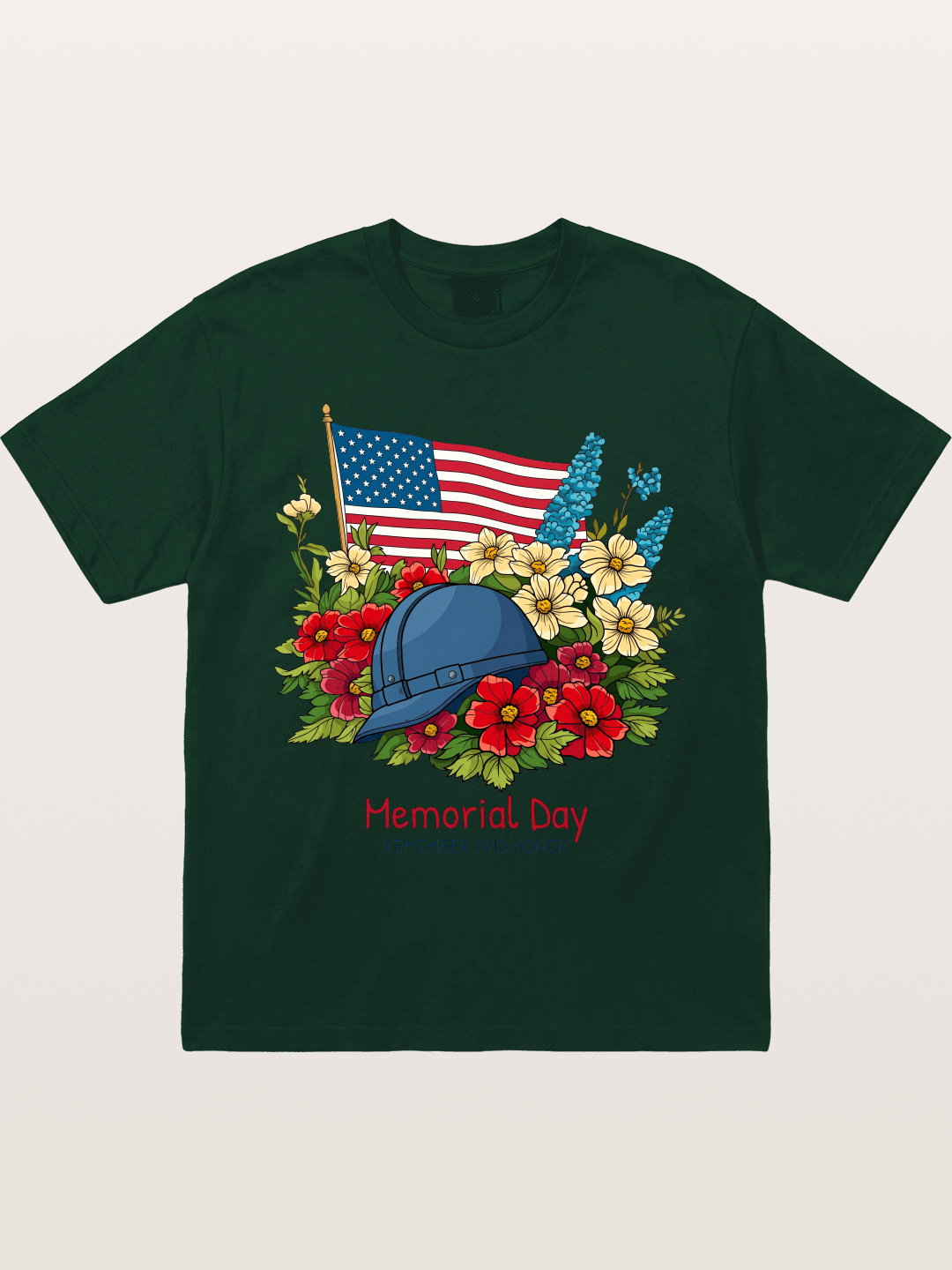 Memorial Day Flowers Helmet American Flag Gildan T-shirt
