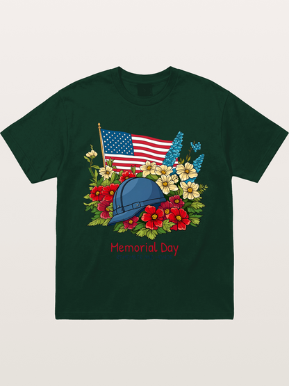 Memorial Day Flowers Helmet American Flag Gildan T-shirt
