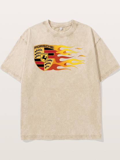 Porsche Crest With Flame Accents Washed T-shirt