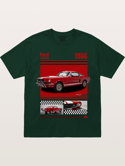 1966 Ford Mustang Fastback Red White Gildan T-shirt