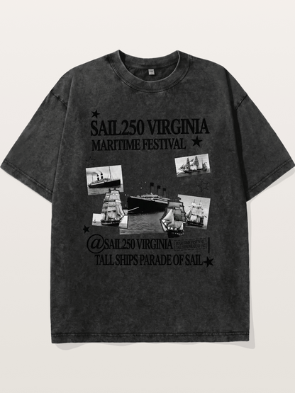 Collage Black White Sailboat Card Washed T-shirt