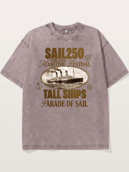 Vintage Sail Ship Maritime Print Washed T-shirt