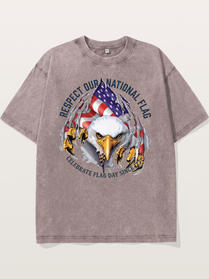 Ripped Flag Eagle Patriotic Print Washed T-shirt