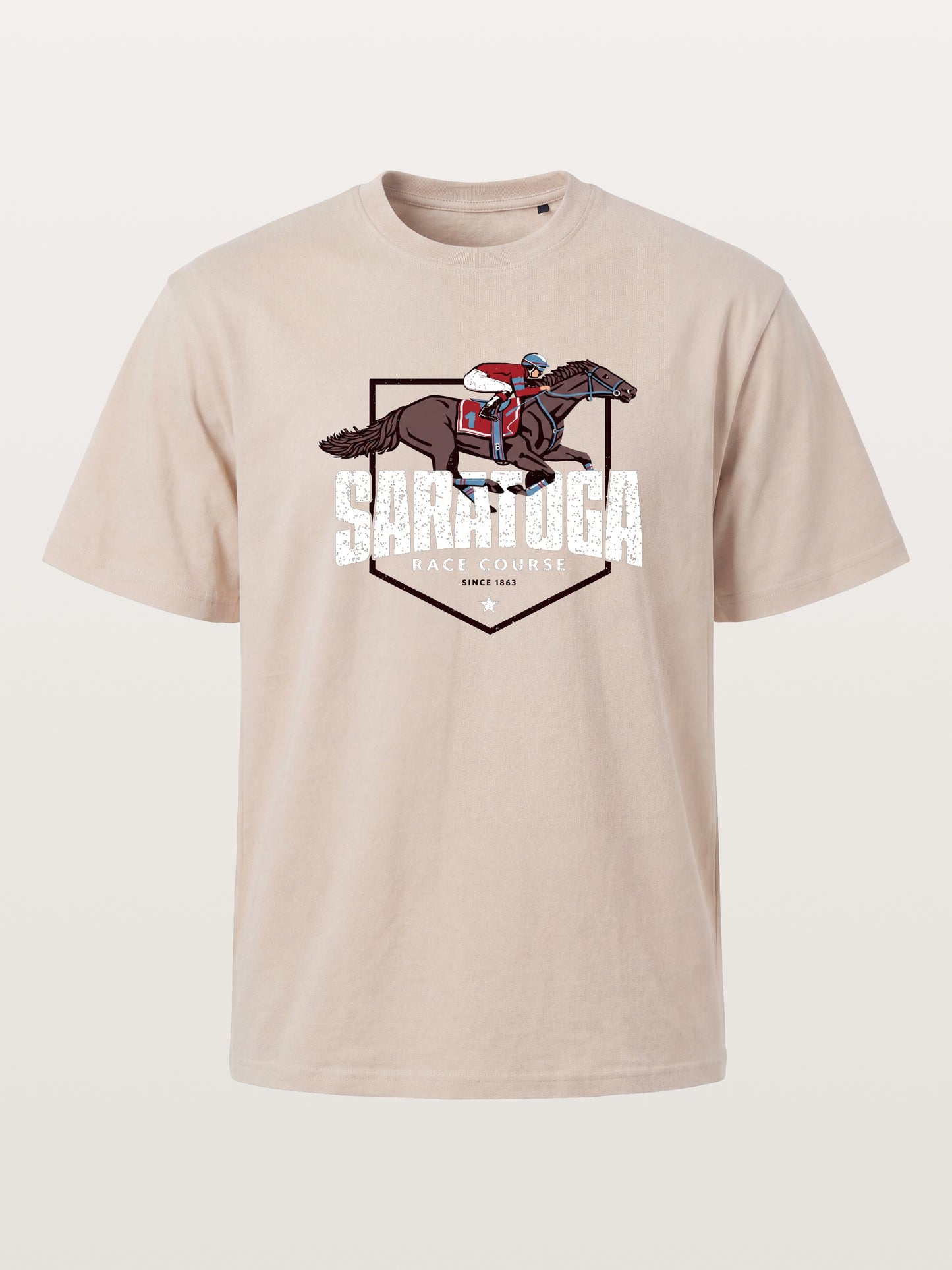 Saratoga Jockey And Horse Illustration Cotton T-shirt