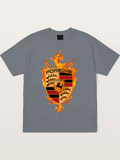 Porsche Crest Fire Flame Design Cotton T-shirt
