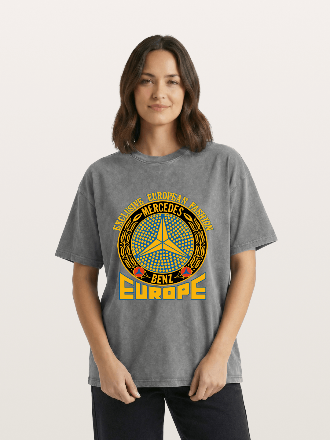 European Fashion Mercedes Print Washed T-shirt