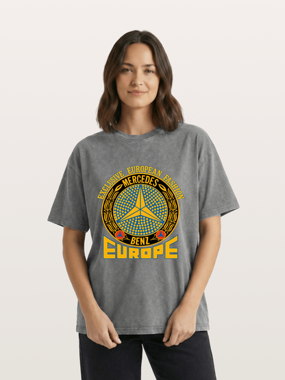 European Fashion Mercedes Print Washed T-shirt