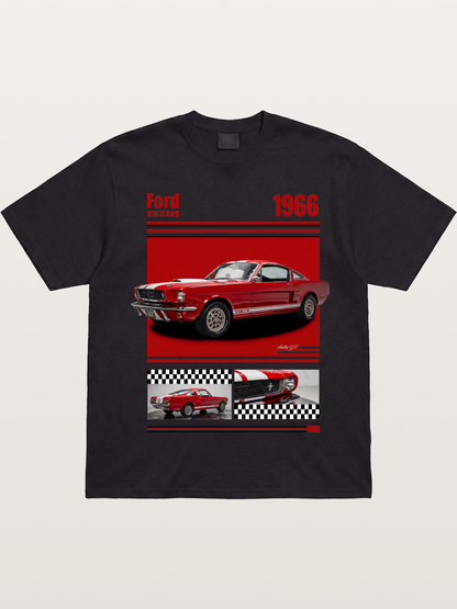 1966 Ford Mustang Fastback Red White Gildan T-shirt