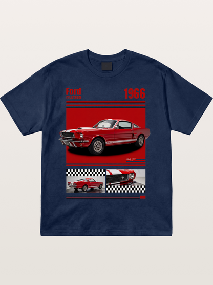 1966 Ford Mustang Fastback Red White Cotton T-shirt