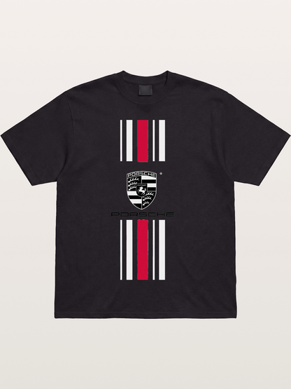 Porsche Crest Striped Design Cotton T-shirt