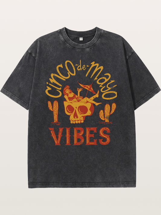 Cinco de Mayo Retro Skull Vibes Washed T-shirt