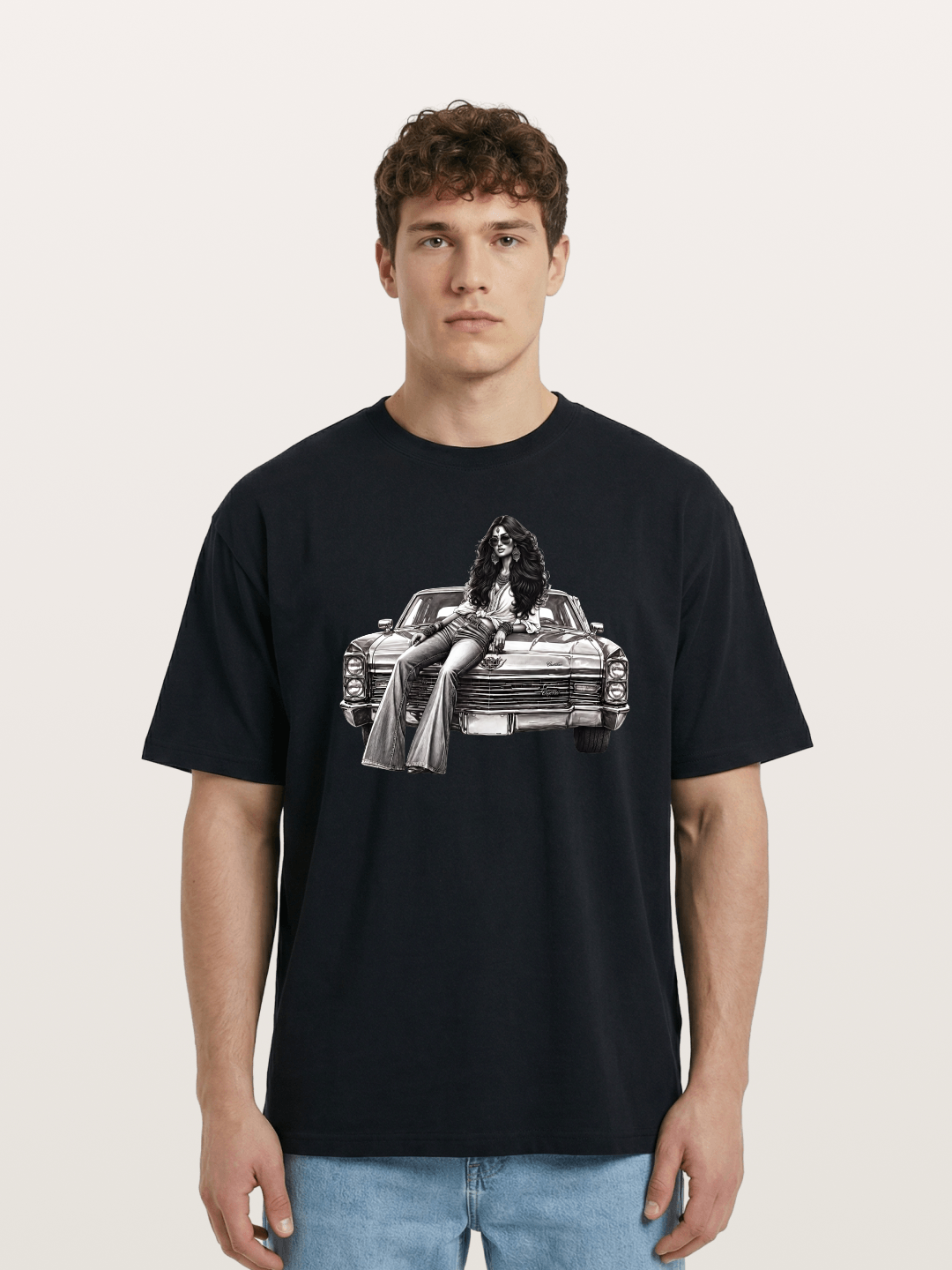 Retro Cadillac & Woman Sketch Cotton T-shirt