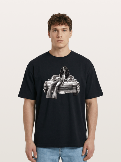 Retro Cadillac & Woman Sketch Cotton T-shirt