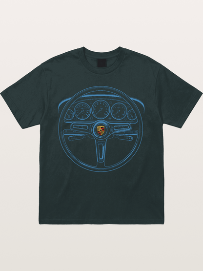 Porsche Classic Steering Wheel Blueprint Gildan T-shirt