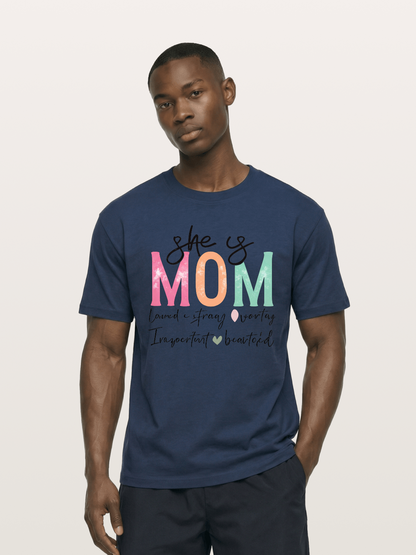 She is Mom Boho Pastel Print Cotton T-shirt