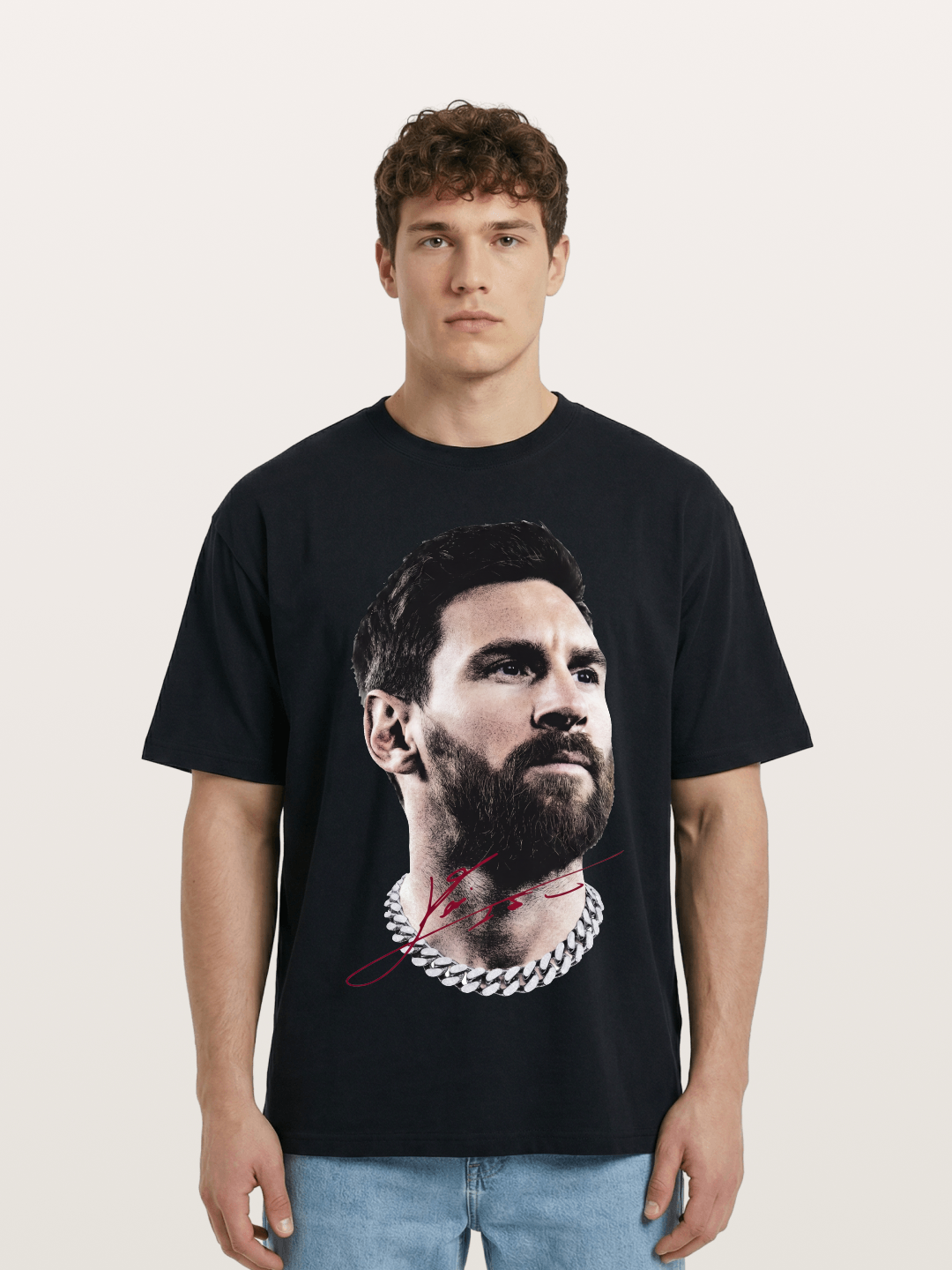 Messi Black White Signature Portrait Cotton T-shirt