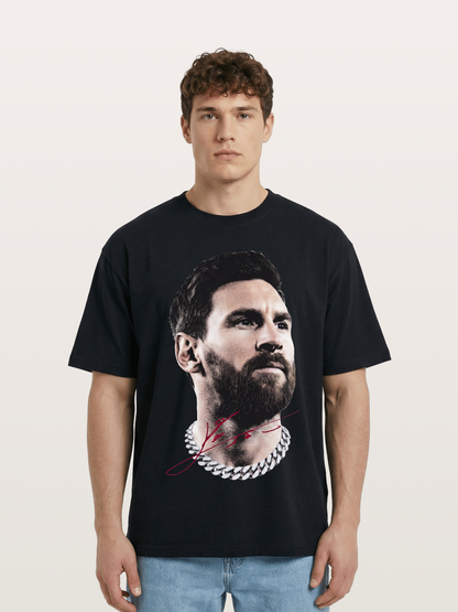 Messi Black White Signature Portrait Cotton T-shirt