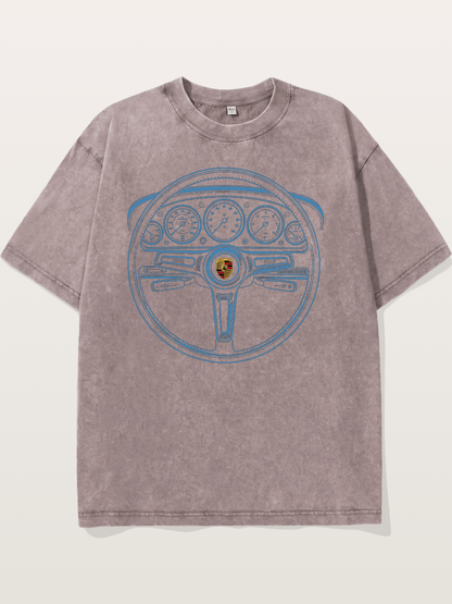 Porsche Classic Steering Wheel Blueprint Washed T-shirt