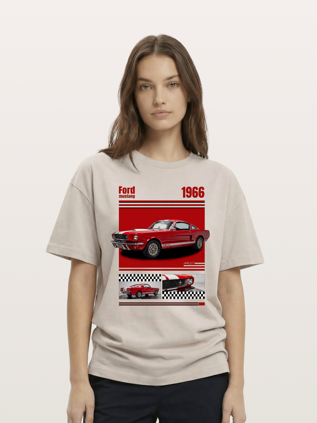 1966 Ford Mustang Fastback Red White Cotton T-shirt