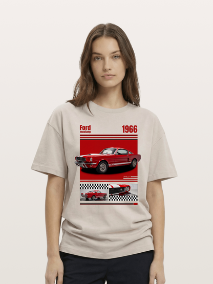 1966 Ford Mustang Fastback Red White Cotton T-shirt