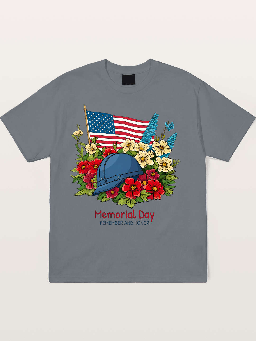 Memorial Day Flowers Helmet American Flag Cotton T-shirt