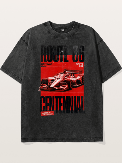 Red Tone Route66 Racing Card Washed T-shirt