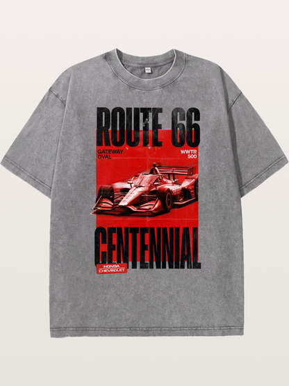 Red Tone Route66 Racing Card Washed T-shirt