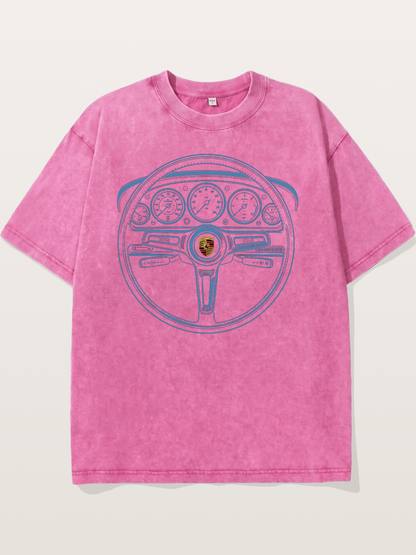 Porsche Classic Steering Wheel Blueprint Washed T-shirt