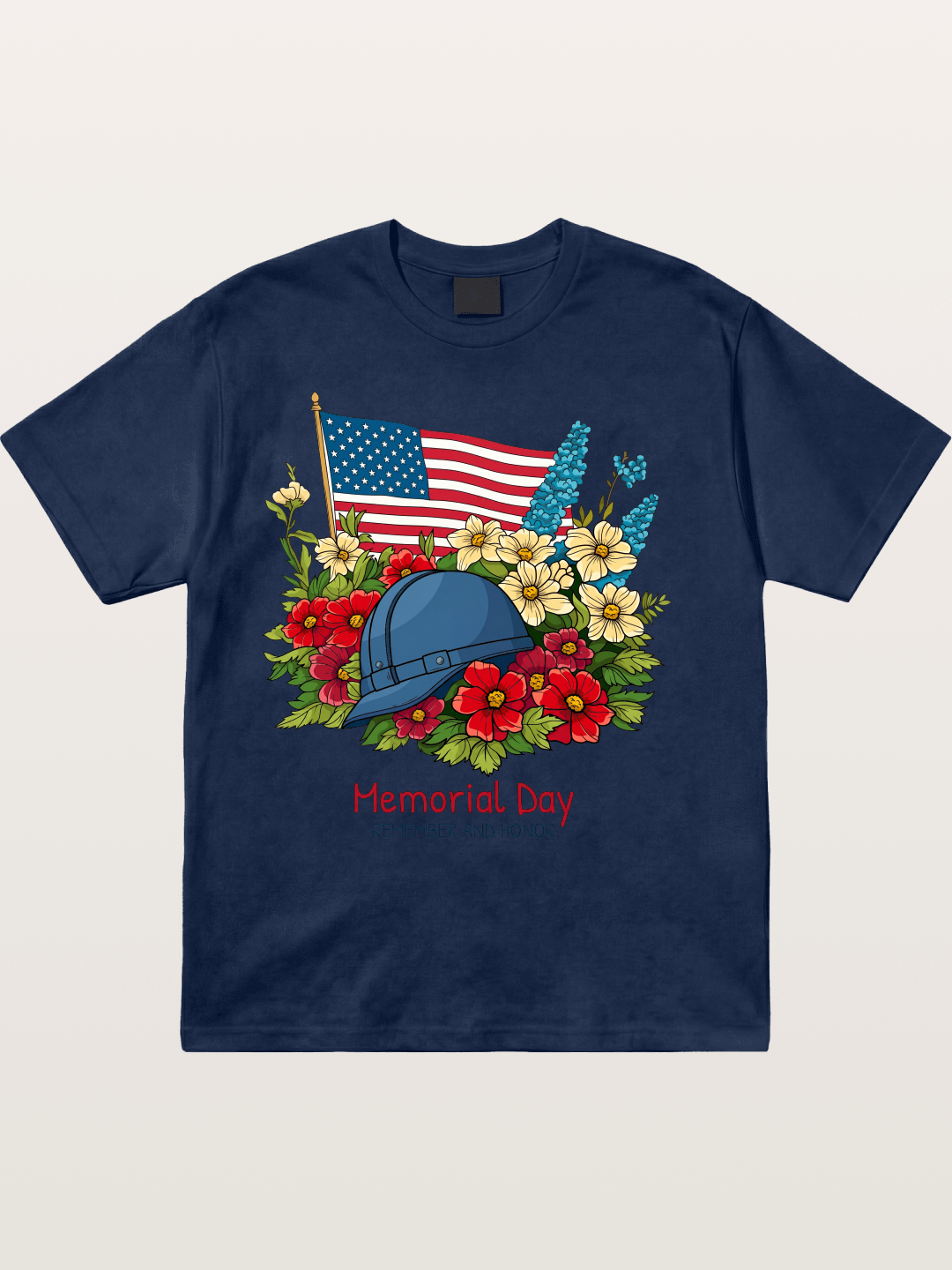 Memorial Day Flowers Helmet American Flag Cotton T-shirt