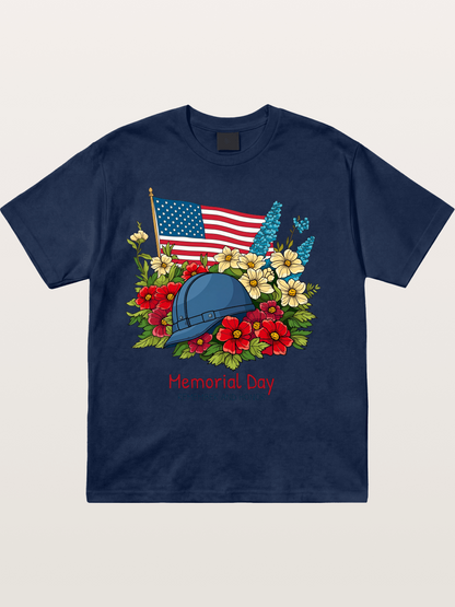 Memorial Day Flowers Helmet American Flag Cotton T-shirt